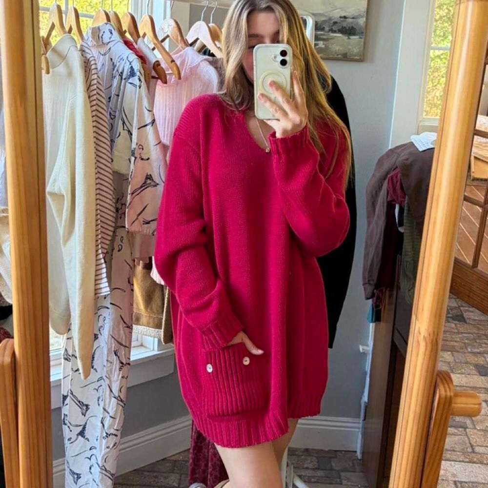Vintage Coldwater Creek Red 100% Cotton Oversized Pocket Knit Fisherman Sweater